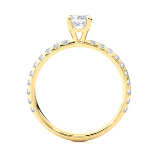 Side profile of 1.50 Ct Princess Cut Moissanite Engagement Ring with Accents in Yellow Gold, highlighting the prong setting.