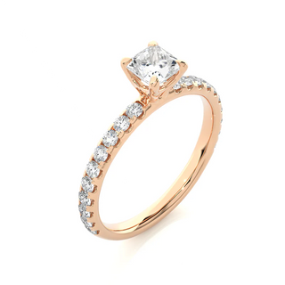 Angled view of 1.50 Ct Princess Cut Moissanite Engagement Ring with Accents in Rose Gold, showcasing the band and setting.​