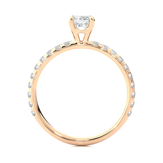 Side profile of 1.50 Ct Princess Cut Moissanite Engagement Ring with Accents in Rose Gold, highlighting the prong setting.