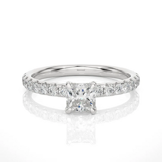 Front view of 1.50 Ct Princess Cut Moissanite Engagement Ring with Accents in Silver, highlighting the brilliant center moissanite stone.