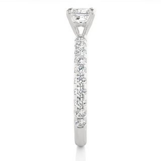 Side profile of 1.50 Ct Princess Cut Moissanite Engagement Ring with Accents in Silver, highlighting the prong setting.