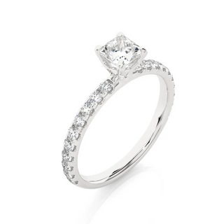 Angled view of 1.50 Ct Princess Cut Moissanite Engagement Ring with Accents in Silver, showcasing the band and setting.​