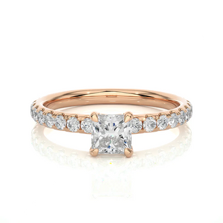 Front view of 1.50 Ct Princess Cut Moissanite Engagement Ring with Accents in Rose Gold, highlighting the brilliant center moissanite stone.