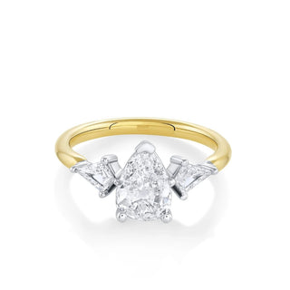 1.50 Carat Pear & Kite Shape Moissanite Three Stone Ring In Yellow Gold