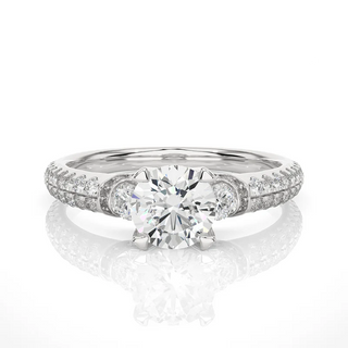 Front view of 1 Carat Round Cut Moissanite Engagement Ring With Accents in Silver, highlighting the brilliant center moissanite stone.