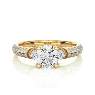 Front view of 1 Carat Round Moissanite Engagement Ring With Accents in Yellow Gold, highlighting the brilliant center moissanite stone.