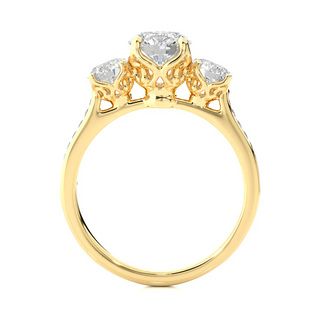 Side profile of 2.50 Carat Round Moissanite Three Stone Engagement Ring in Yellow Gold, highlighting the prong setting.