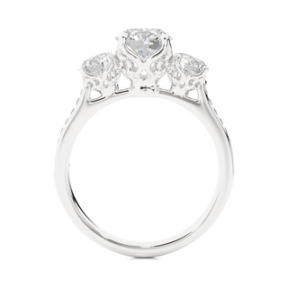Side profile of 2.50 Carat Round Moissanite Three Stone Engagement Ring in Silver, highlighting the prong setting.