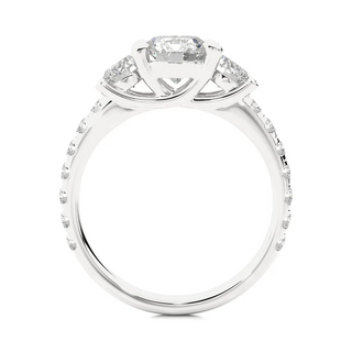 Side profile of 2.50 Ct Round Moissanite Trellis Prong Three Stone Engagement Ring in White Gold, highlighting the prong setting.