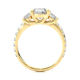 Side profile of 2.50 Ct Round Moissanite Trellis Prong Three Stone Engagement Ring Yellow Gold, highlighting the prong setting.