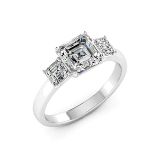 2.50 Ct Asscher Cut Moissanite Three Stone Engagement Ring in White Gold