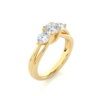 Angled view of 2 Carat 3 Stone Round Cut Moissanite Ring in Yellow Gold, showcasing the band and setting.​