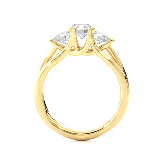 Side profile of 2 Carat 3 Stone Round Cut Moissanite Ring in Yellow Gold, highlighting the prong setting.