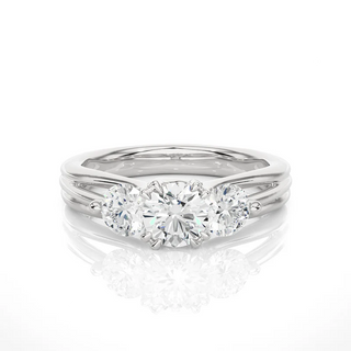 Front view of 2 Carat 3 Stone Round Cut Moissanite Ring in White Gold, highlighting the brilliant center moissanite stone.