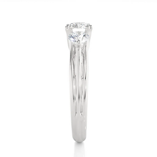 Side profile of 2 Carat 3 Stone Round Cut Moissanite Ring in White Gold, highlighting the prong setting.