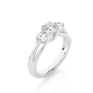 Angled view of 2 Carat 3 Stone Round Cut Moissanite Ring in White Gold, showcasing the band and setting.​