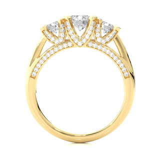 Side profile of 2 Ct Moissanite 3 Stone Engagement Ring With Accents in Yellow Gold, highlighting the prong setting.