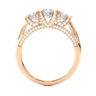 Side profile of 2 Ct Moissanite Three Stone Engagement Ring with Accent in Rose Gold, highlighting the prong setting.