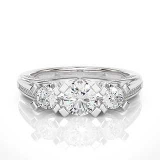 Front view of 2 Carat Moissanite Three Stone Engagement Ring with Accent in White Gold, highlighting the brilliant center moissanite stone.