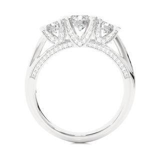 Side profile of 2 Carat Moissanite Three Stone Engagement Ring with Accent in White Gold, highlighting the prong setting.