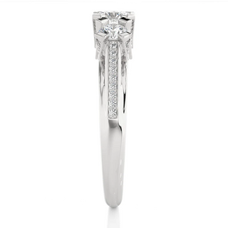 Side profile of 2 Carat Moissanite Three Stone Engagement Ring with Accent in White Gold, highlighting the prong setting.