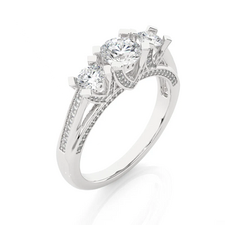 Angled view of 2 Carat Moissanite Three Stone Engagement Ring with Accent in White Gold, showcasing the band and setting.​