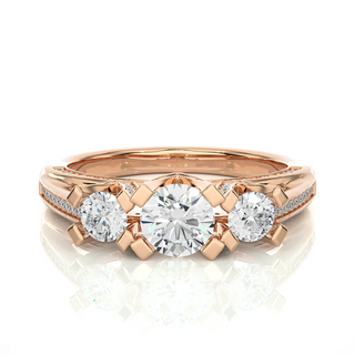 Front view of 2 Ct Moissanite Three Stone Engagement Ring with Accent in Rose Gold, highlighting the brilliant center moissanite stone.
