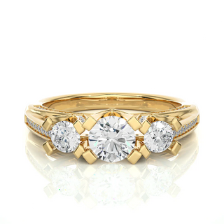 Front view of 2 Ct Moissanite 3 Stone Engagement Ring With Accents in Yellow Gold, highlighting the brilliant center moissanite stone.