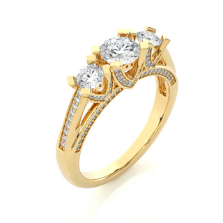 Angled view of 2 Ct Moissanite 3 Stone Engagement Ring With Accents in Yellow Gold, showcasing the band and setting.​
