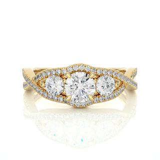 Front view of 2 Carat Round Shaped Moissanite Three Stone Twisted Engagement Ring in Yellow Gold, highlighting the brilliant center Moissanite stone.