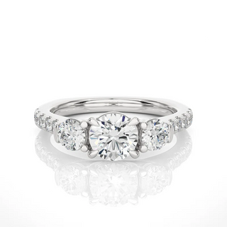 Front view of 2 Carat Round Moissanite Engagement Three Stone Ring In White Gold, highlighting the brilliant center moissanite stone.