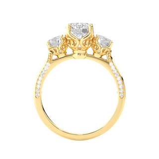 Side profile of 2 Carat Round Moissanite Filigree Three Stone Engagement Ring in Yellow Gold, highlighting the prong setting.
