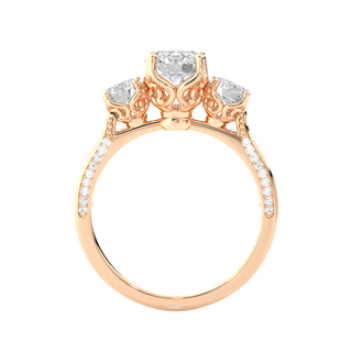 Side profile of 2 Ct Round Moissanite Filigree Three Stone Engagement Ring in Rose Gold, highlighting the prong setting.