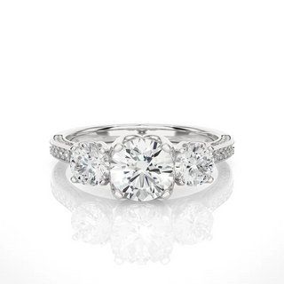 Front view of 2 Carat Round Moissanite Filigree Three Stone Engagement Ring in White Gold, highlighting the brilliant center moissanite stone.