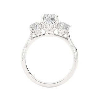 Side profile of 2 Carat Round Moissanite Filigree Three Stone Engagement Ring in White Gold, highlighting the prong setting.