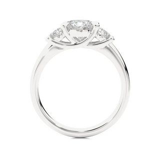 Side profile of 2 Carat Round Moissanite Three Stone Engagement Ring In White Gold, highlighting the prong setting.