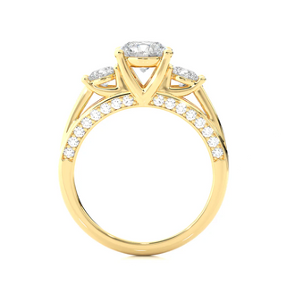 Side profile of 12 Carat Moissanite Three Stone Engagement Ring With Accents in Yellow Gold, highlighting the prong setting.