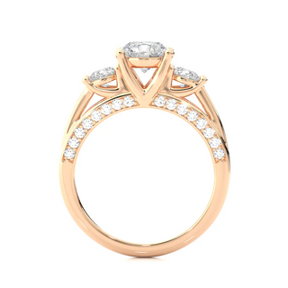 Side profile of 2 Carat Moissanite Three Stone Engagement Ring With Accents in Rose Gold, highlighting the prong setting.