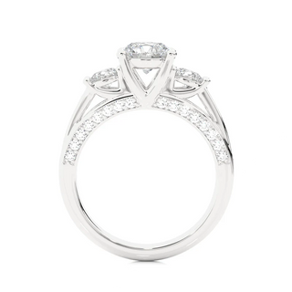 Side profile of 2 Carat Moissanite Three Stone Engagement Ring With Accents in Silver, highlighting the prong setting.
