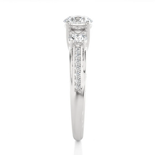 Side profile of 2 Carat Moissanite Three Stone Engagement Ring With Accents in Silver, highlighting the prong setting.