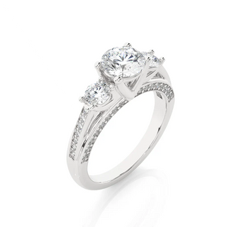 Angled view of 2 Carat Moissanite Three Stone Engagement Ring With Accents in Silver, showcasing the band and setting.​