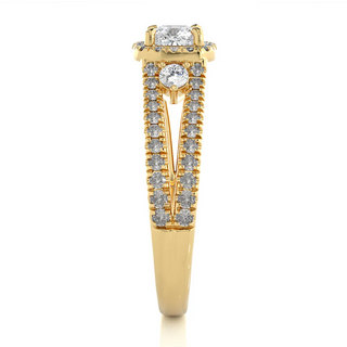 Side profile of 2 Carat Cushion Cut Moissanite Three Stone Halo Ring In Yellow Gold, highlighting the prong setting.