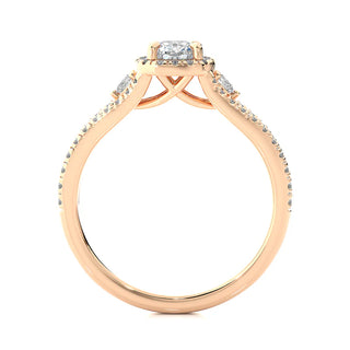 Side profile of 2 Ct Three Stone Cushion Cut Moissanite Halo Ring in Rose Gold, highlighting the prong setting.