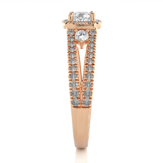 Side profile of 2 Ct Three Stone Cushion Cut Moissanite Halo Ring in Rose Gold, highlighting the prong setting.
