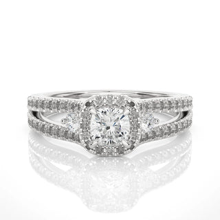 Front view of 2 Carat Cushion Cut Moissanite Three Stone Halo Ring in Silver, highlighting the brilliant center moissanite stone.