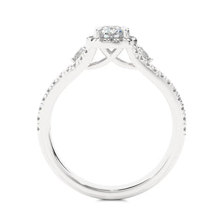 Side profile of 2 Carat Cushion Cut Moissanite Three Stone Halo Ring in Silver, highlighting the prong setting.