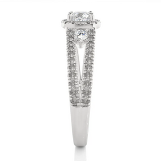 Side profile of 2 Carat Cushion Cut Moissanite Three Stone Halo Ring in Silver, highlighting the prong setting.