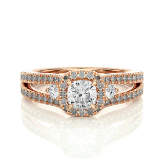 Front view of 2 Ct Three Stone Cushion Cut Moissanite Halo Ring in Rose Gold, highlighting the brilliant center moissanite stone.