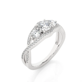 Angled view of 2 Carat Round Cut Moissanite Three Stone Twisted Engagement Ring in Silver, showcasing the band and setting.​