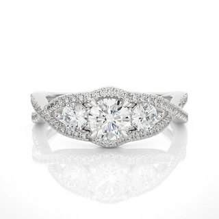 Front view of 2 Carat Round Cut Moissanite Three Stone Twisted Engagement Ring in Silver, highlighting the brilliant center Moissanite stone.